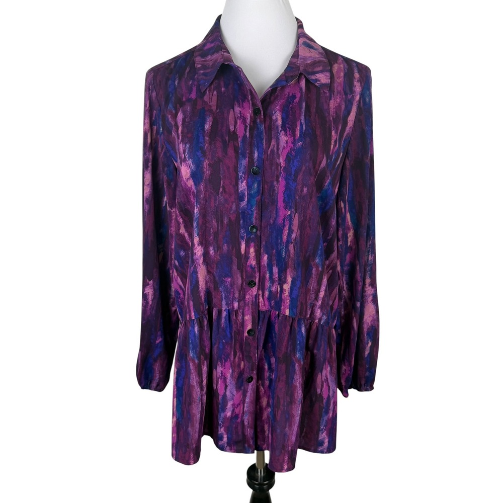 LOGO Lori Goldstein Women's Small Purple Abstract Peplum Button Down Blouse